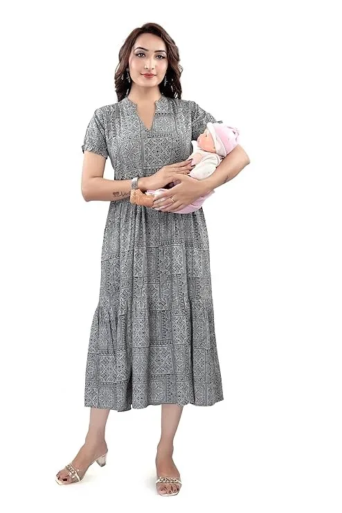 B2F Women's Flared Anarkali Maternity Dress, Feeding Kurti with Concealed Zip for Pre & Post Pregnancy