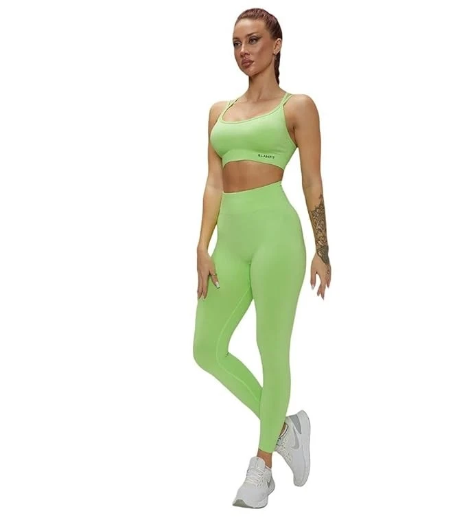 GLAMFIT Rib-Knit Ladies High Waist Breathable Sport Pants And ZigZag Back Padded Bra Light Green