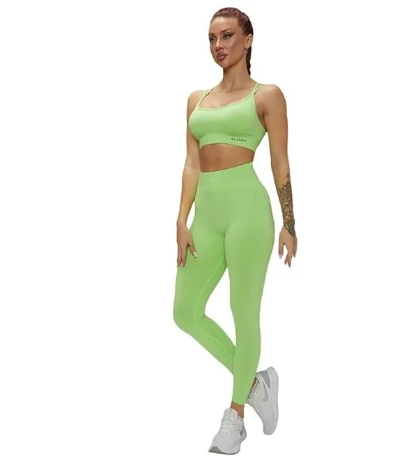 GLAMFIT Rib-Knit Ladies High Waist Breathable Sport Pants And ZigZag Back Padded Bra Light Green