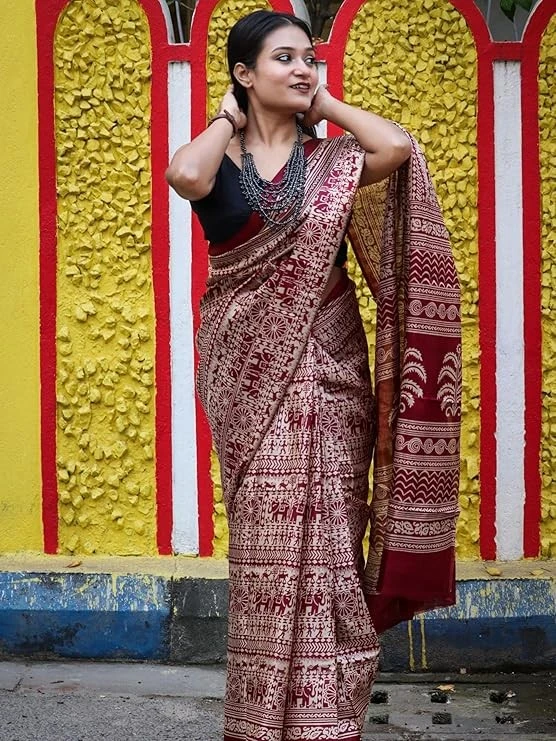 EthnicJunction Women's Silk Cotton Kalamkari Print Saree With Blouse Piece